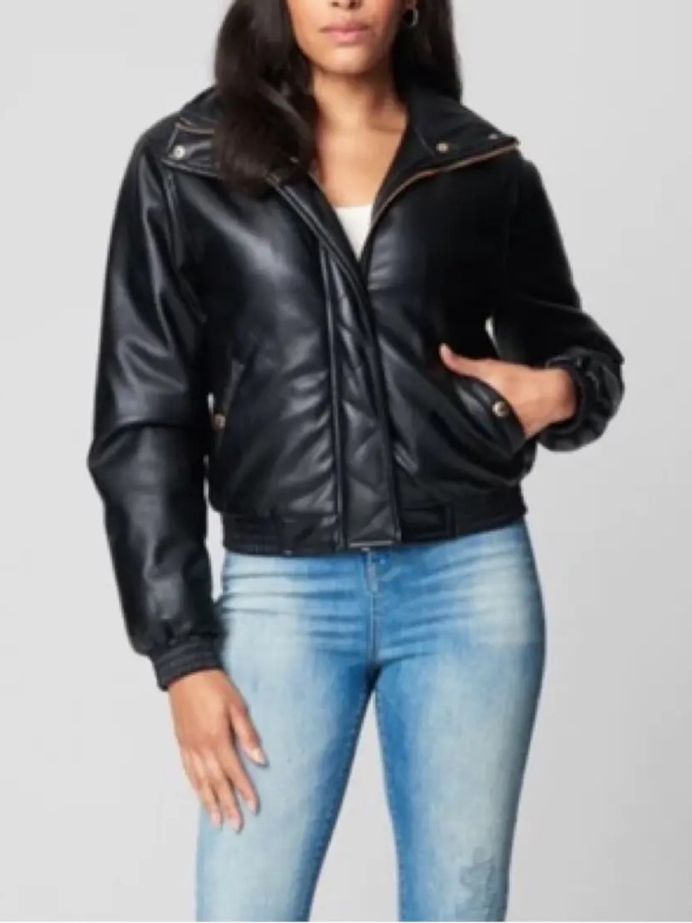 Blank NYC | Women’s Black Faux Leather Zip Front Snap Pocket Bomber Jacket Sz S